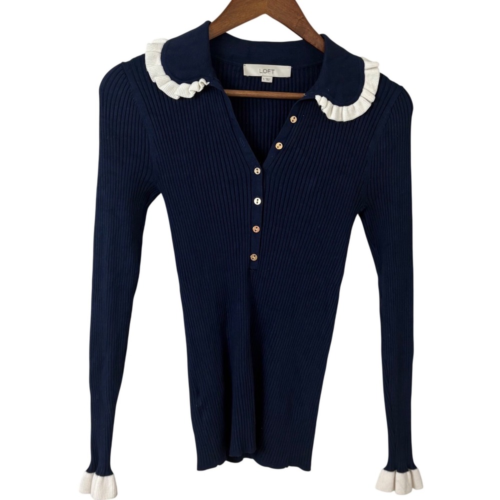 LOFT Ribbed Knit Sweater Women Small Navy Blue Ruffle Collar Cottage Preppy